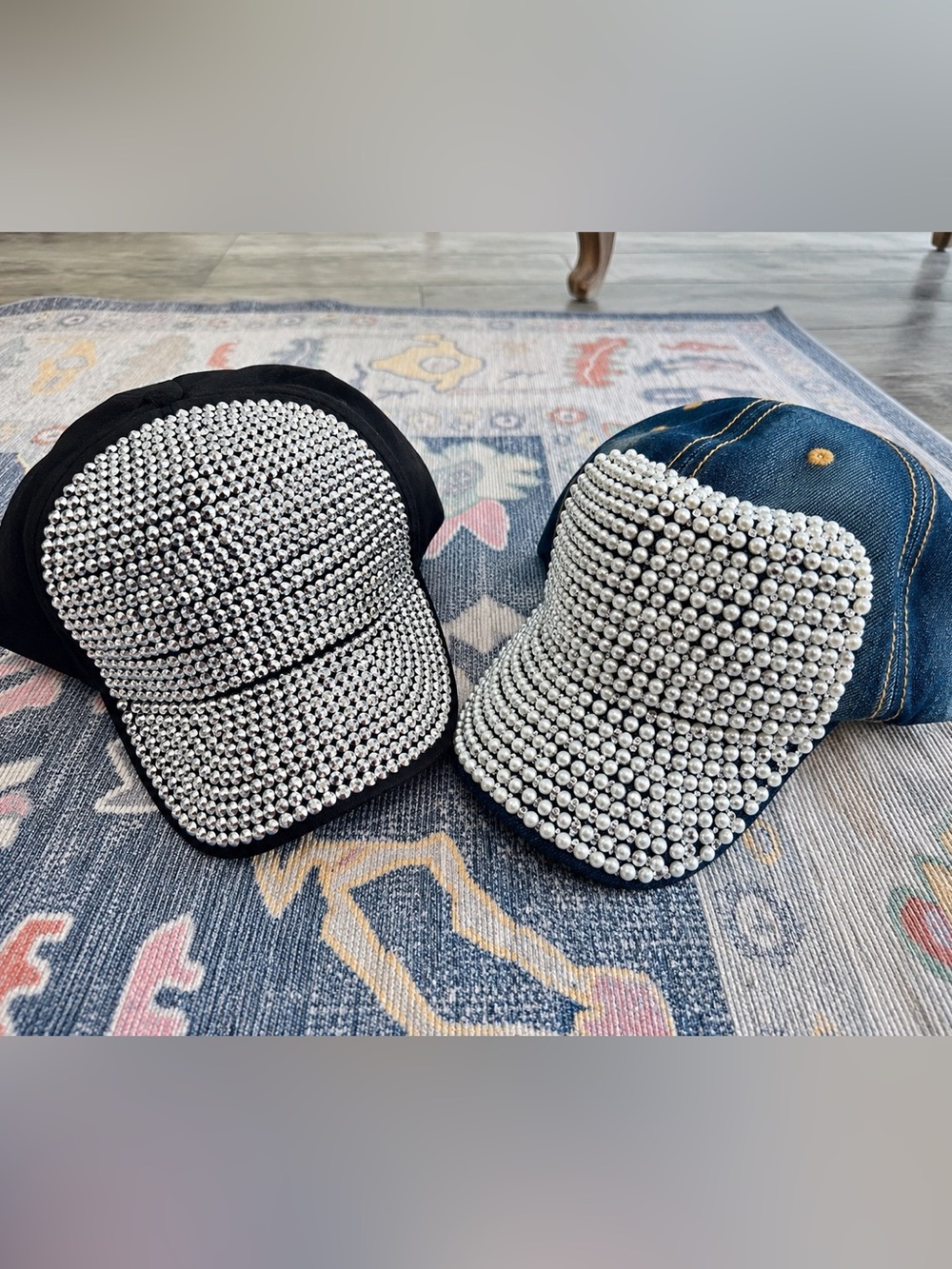 Lot of 2 Bling Rhinestone Sequin Baseball Hats Adjustable